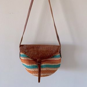 Striped orange and turquoise woven vintage leather purse